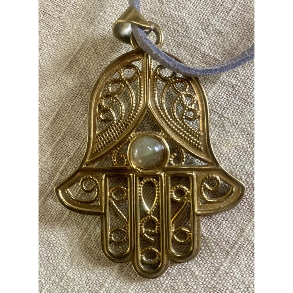 Brass Hamsa Labradorite Center Stone Pendant Adjustable Leather Necklace